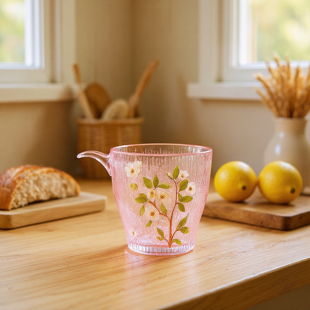 Handmade glass cup with real plum blossoms on rustic kitchen countertop