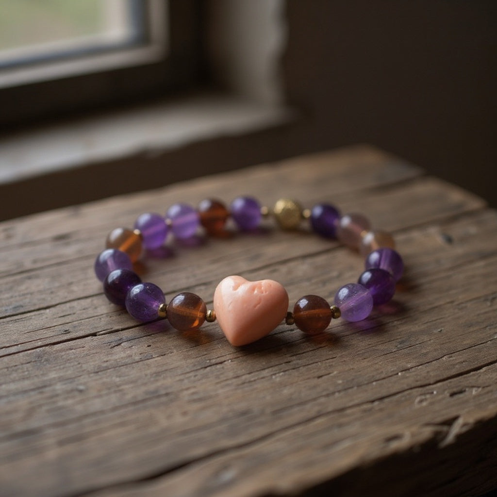 Hero image of a handcrafted bracelet with peach pit heart, amethyst, agate, and gold spacers on a natural wood background.