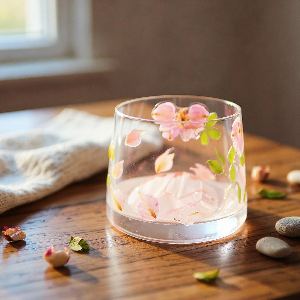 Cylindrical glass tumbler with real embedded flower petals and leaves in blush, cream, and green tones, styled on a wooden table with natural props, soft lighting.