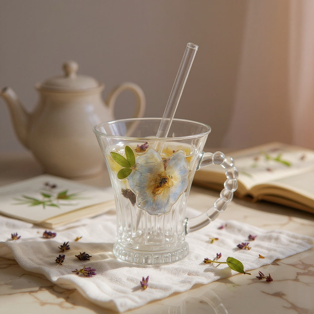 Handcrafted glass cup with 3D dried flowers on linen, surrounded by lavender and rose petals, with teapot and book, dramatic lighting on a cream-to-blush gradient backdrop.
