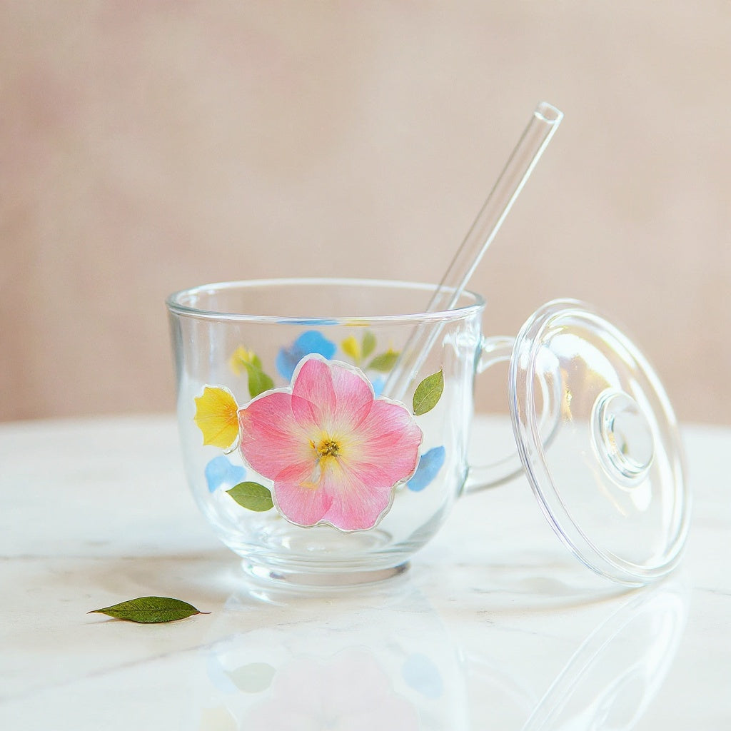 Aesthetic clear glass cup with preserved pink, yellow, and blue floral relief, glass lid, and glass straw on white marble under soft natural light.