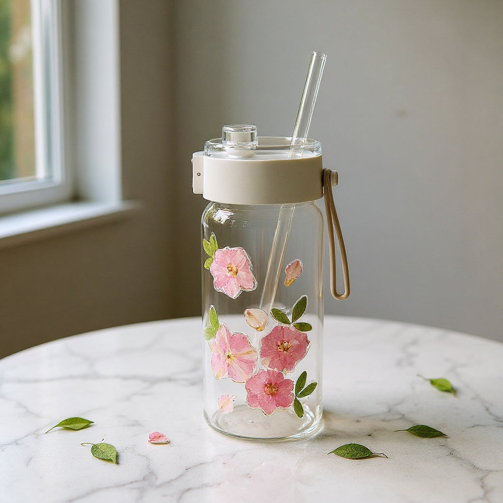 Floral embedded glass tumbler with lid and straw on marble surface with dried botanicals in soft natural light