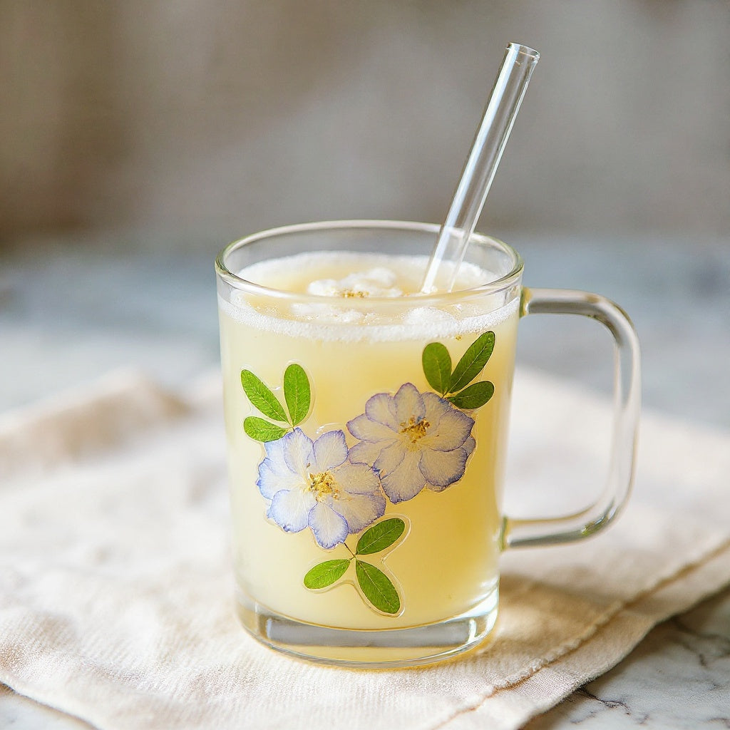 Botanical glass straw cup with embedded flower petals on marble surface