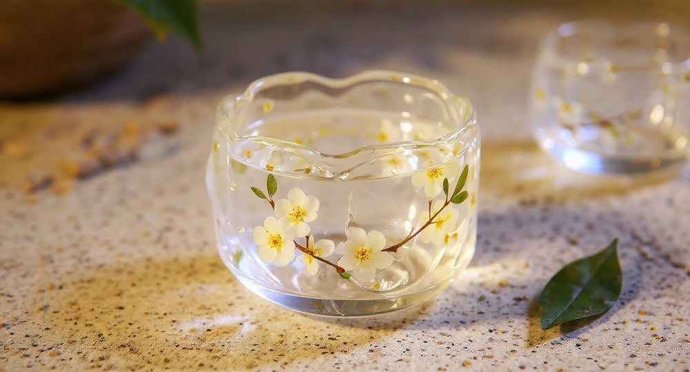 Handmade Glass Tea Cup Real Pearl Plum Flowers | Eco Resin 60ml Gongfu Master Cup on wood tray