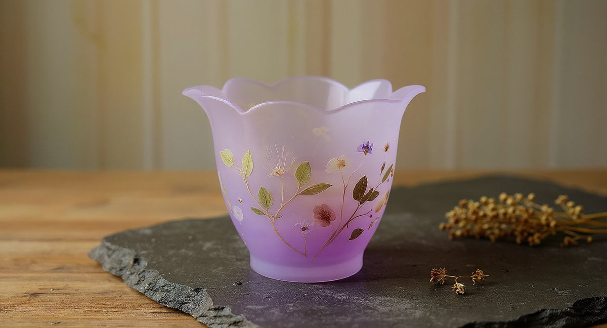 Handmade Eco Resin Tea Cup Real Flowers with dried lotus petals on wood tray
