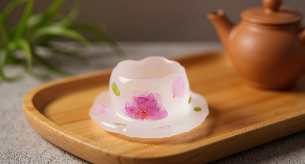 Handmade Peach Blossom Tea Cup Real Flower Resin 60ml Master Cup on wood tray with clay teapot