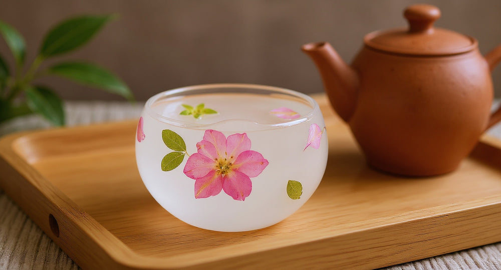 Handmade Cherry Blossom Glass Tea Cup with real flower eco resin on wooden tray