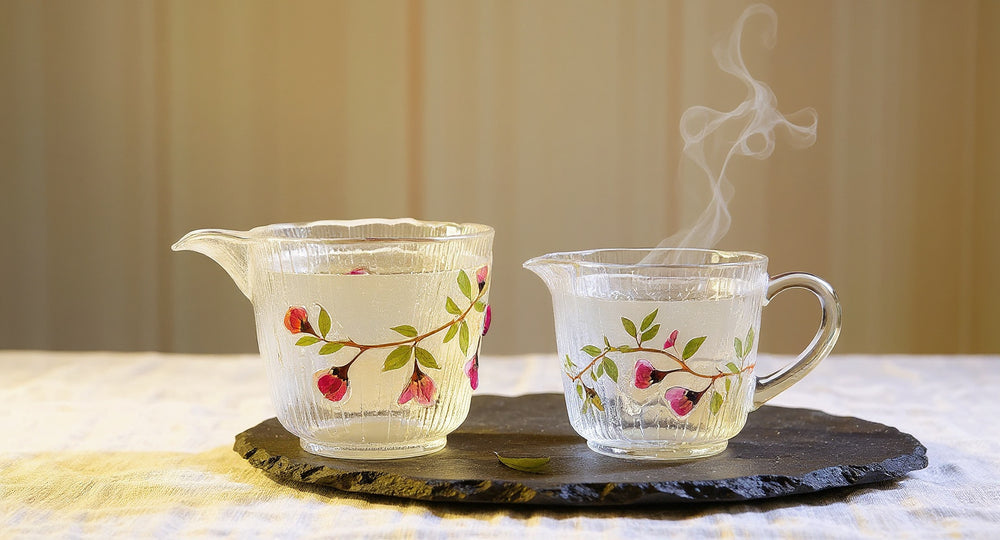 Handmade Rose Petal Glass Tea Set with lotus gaiwan, cups, preserved pink petals on wooden tray.