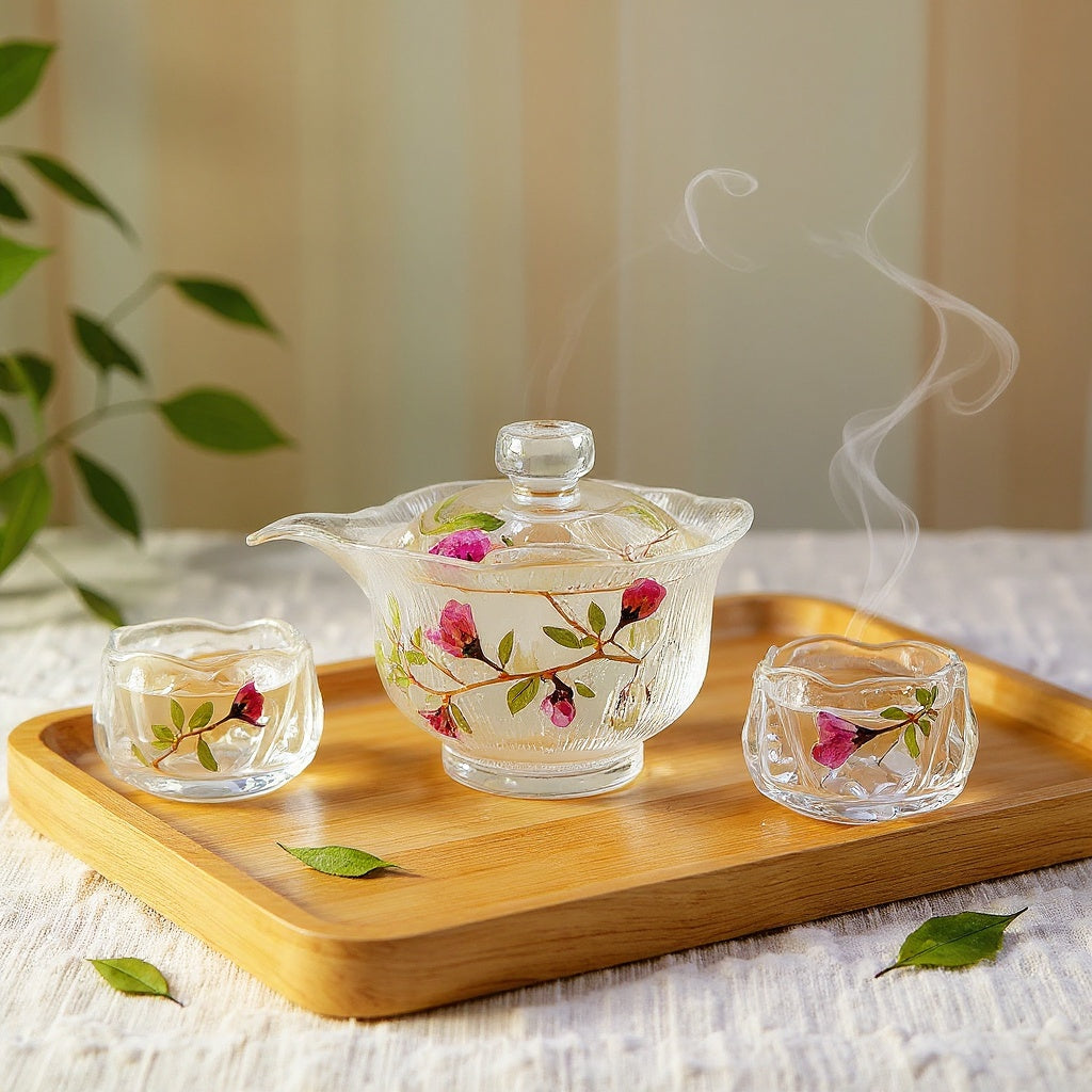 A transparent ice-ripple hammered glass gaiwan and matching cups with real pink rose petals and green leaves sealed on the exterior, arranged on a wooden tray with soft steam rising, against a warm linen background.