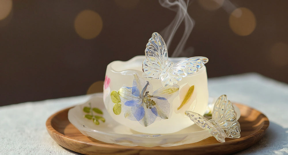 Handmade Pressed Flower Tea Cup Set with real petals and butterfly on wooden tray