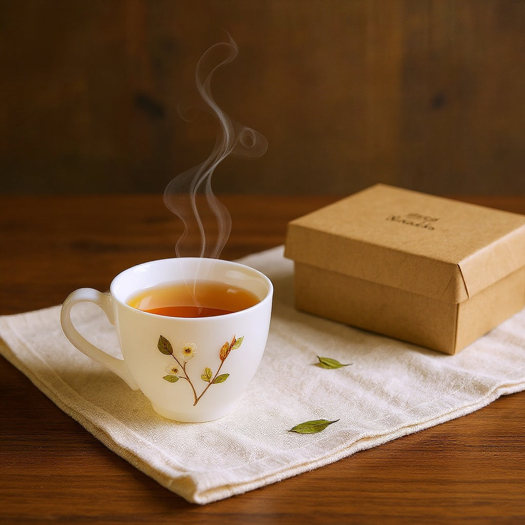 Frosted glass teacup with plum blossoms on wooden table with linen, steam, and gift box.