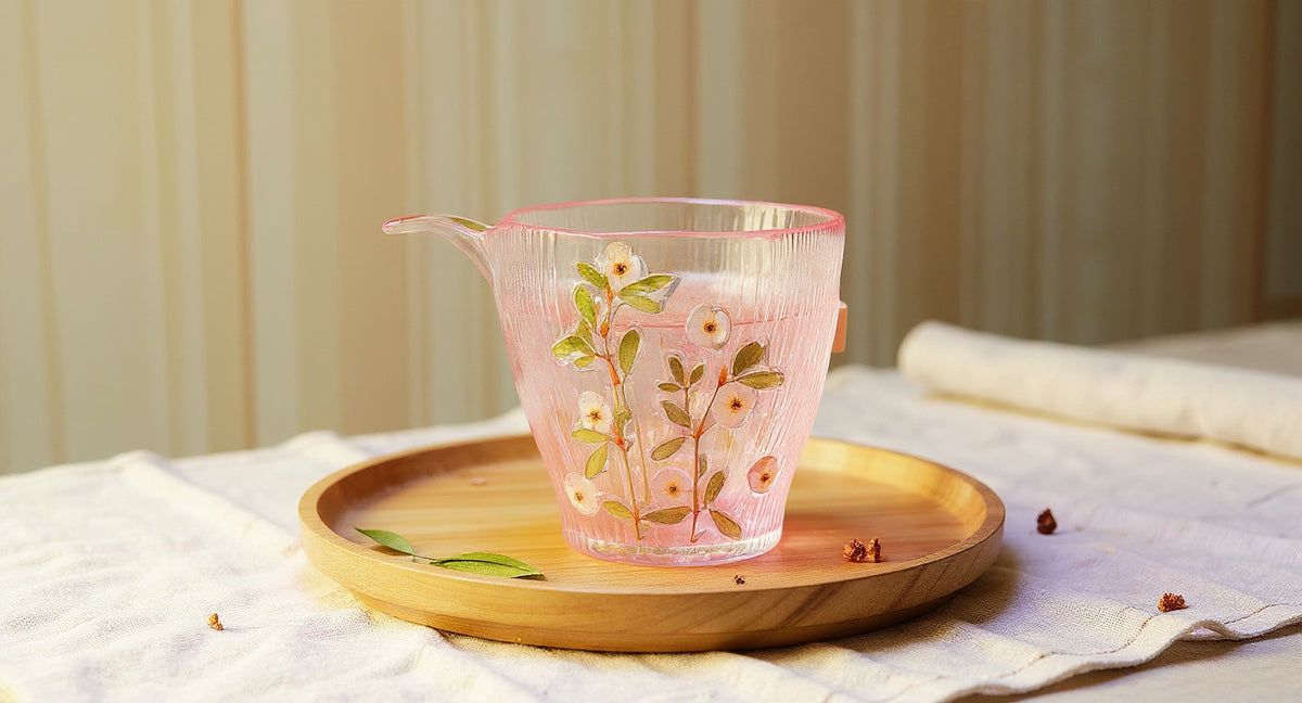 Handmade Pink Pearl Plum Blossom Glass Tea Cup on wooden tray with dried blossoms and teapot
