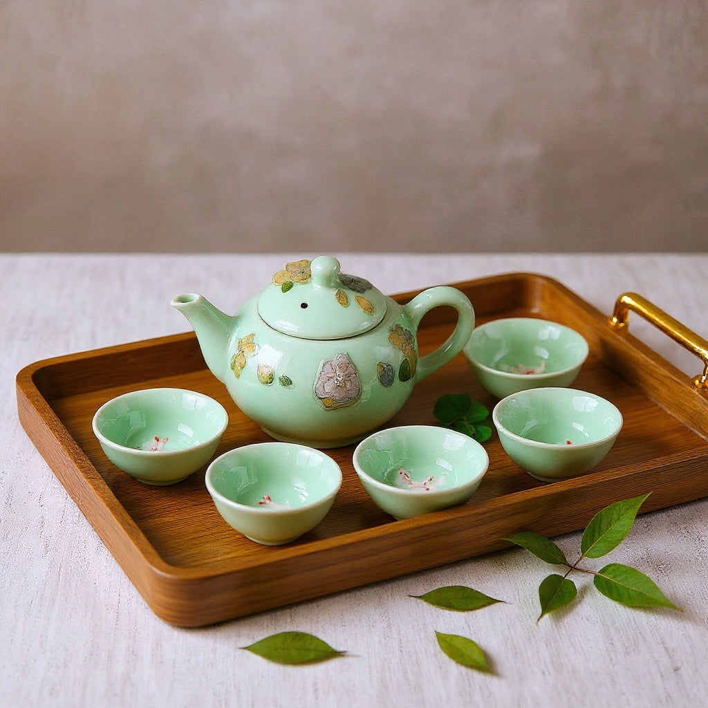 Jade-green celadon porcelain teapot and six cups on a natural wood tray with soft natural lighting.