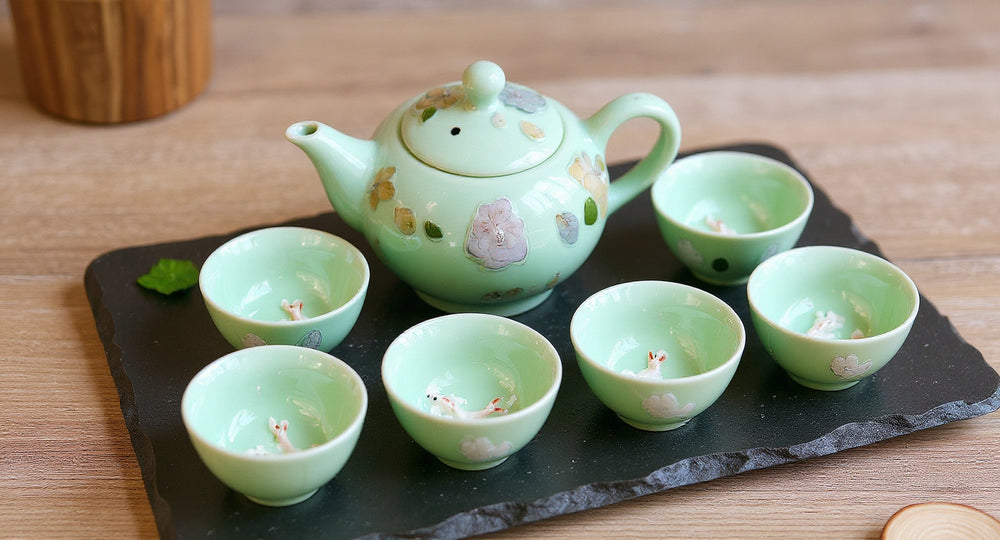 Celadon Tea Set with 3D Koi Fish Porcelain Teapot and Six Cups on Slate Tray with Winter Jasmine