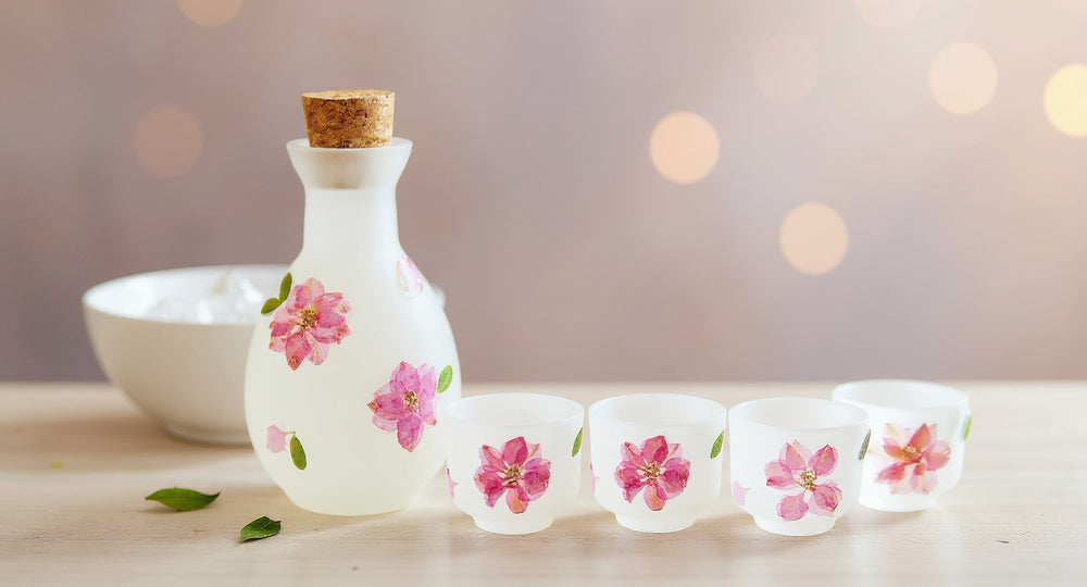 Handmade Frosted Sake Set with real pressed sakura and chiller bowl
