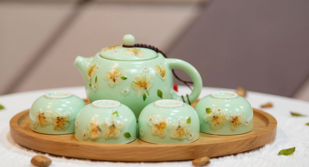 Handmade Celadon Tea Set Real Pressed Jasmine Eco Porcelain Teapot 4 Cups Gongfu Gift on bamboo tea tray