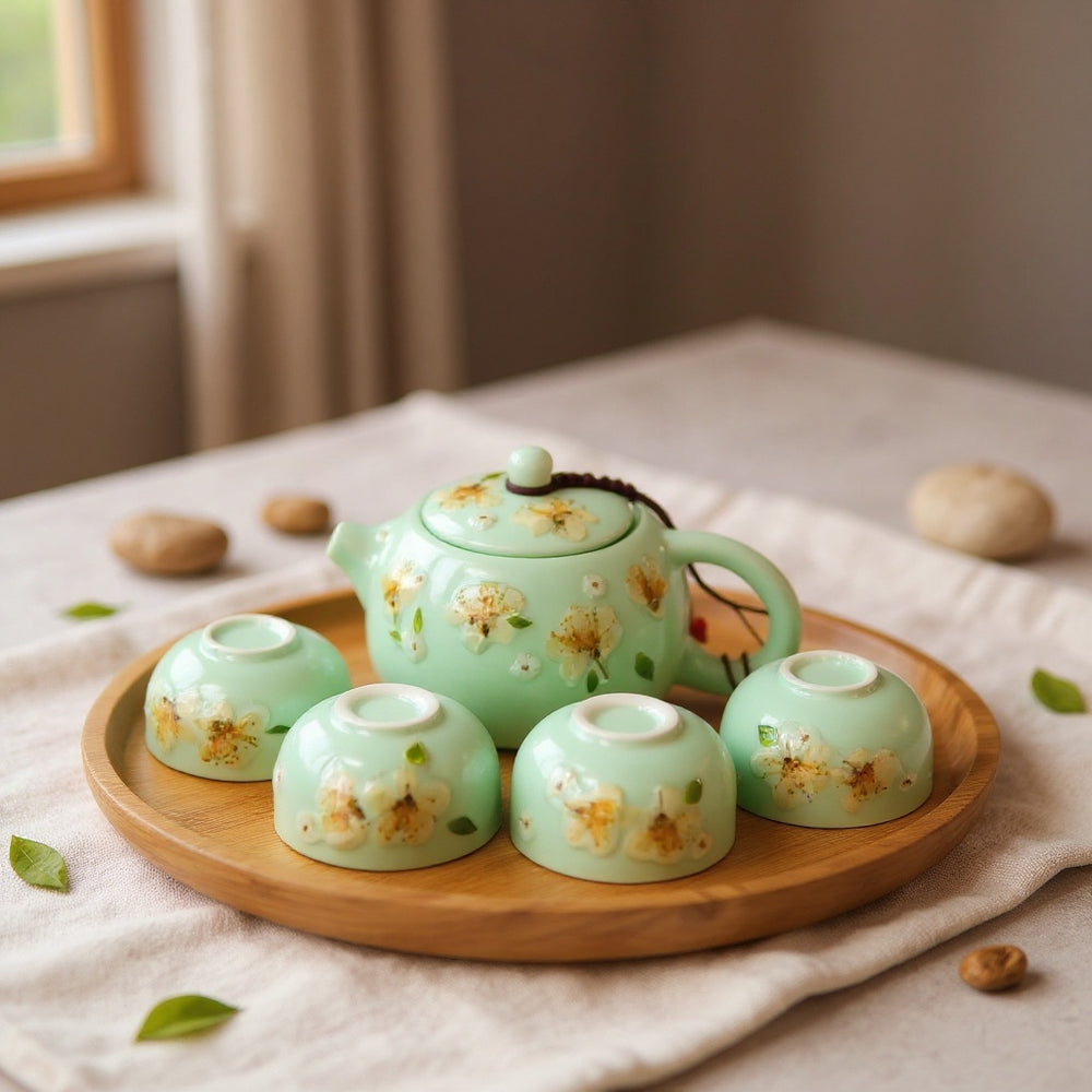 Jade-green celadon porcelain teapot and four cups on a wood tray, with jasmine petal details, styled on a linen cloth with stones in soft natural light.