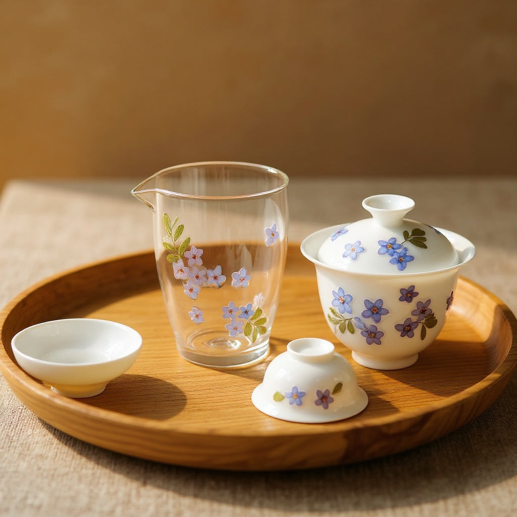 Translucent-white bone china pitcher with cherry blossom petals on wooden tray in soft light.