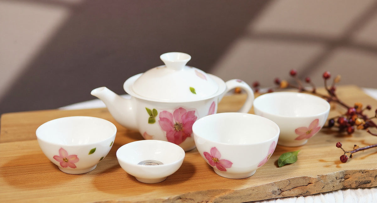 Handmade Porcelain Cherry Blossom Tea Set with gaiwan and cups on oak tray