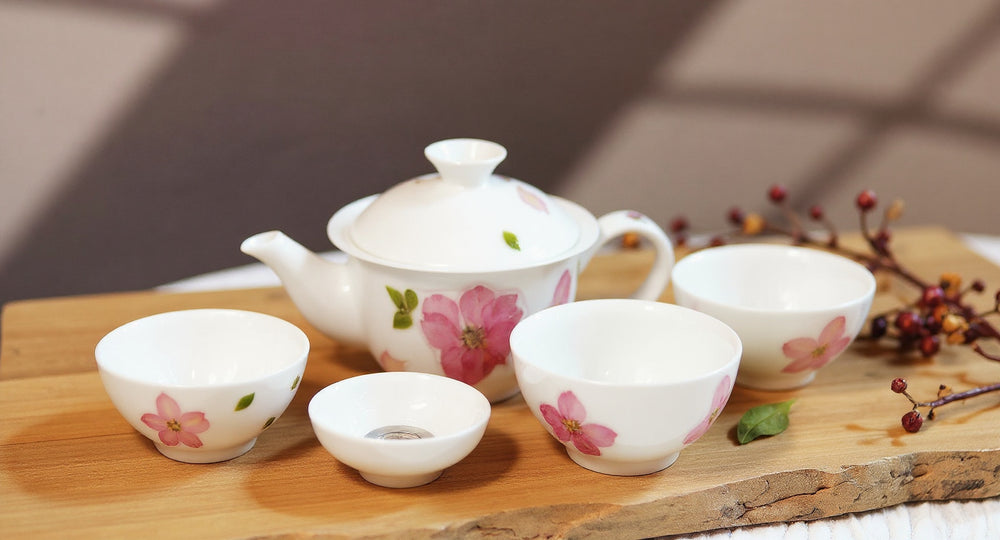 Handmade Porcelain Cherry Blossom Tea Set with gaiwan and cups on oak tray