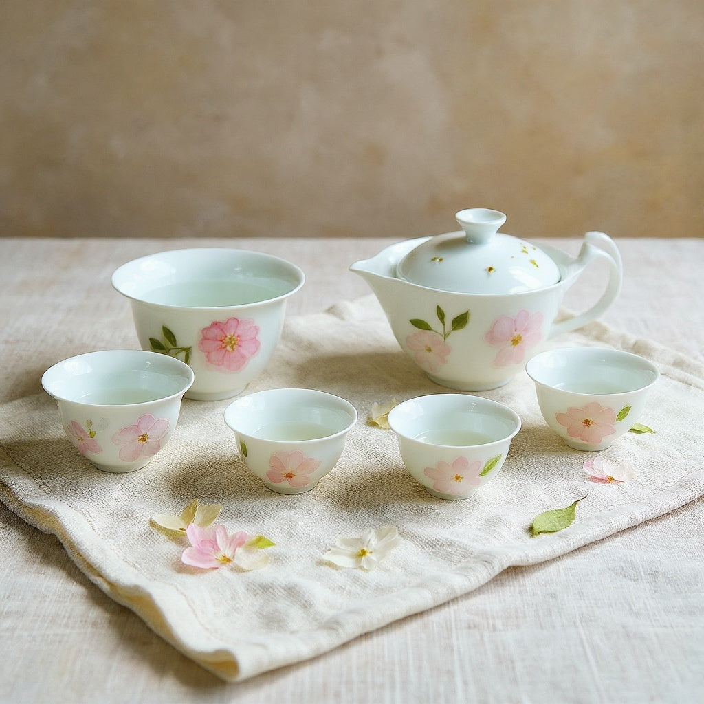 Warm-white porcelain gaiwan and teacups with preserved flower petals on linen, soft light