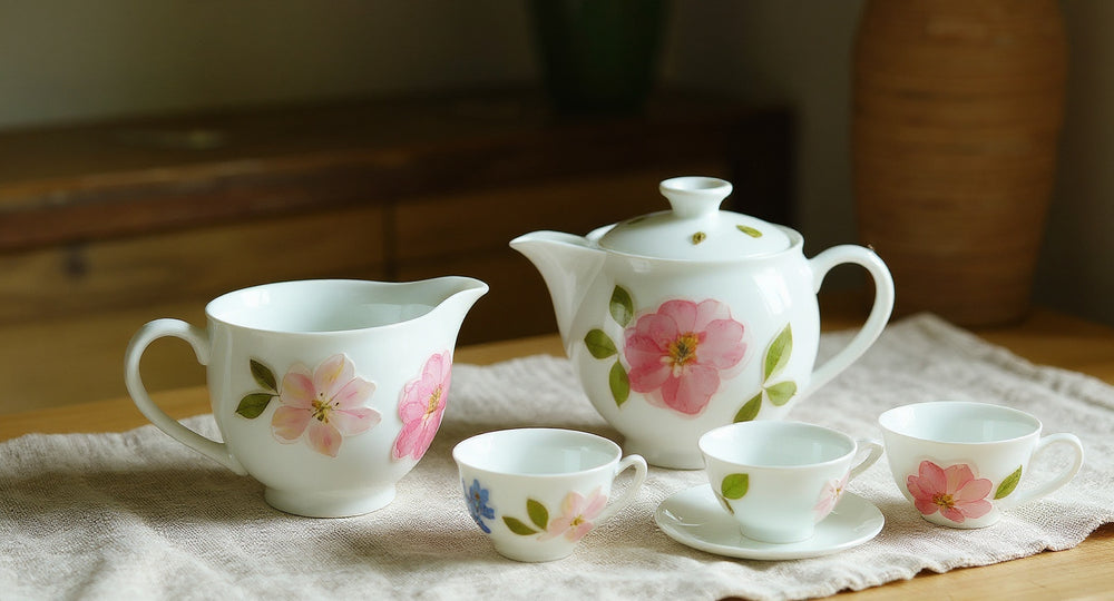 Handmade Bone China Tea Set Preserved Flowers gaiwan and cups with botanical accents on linen