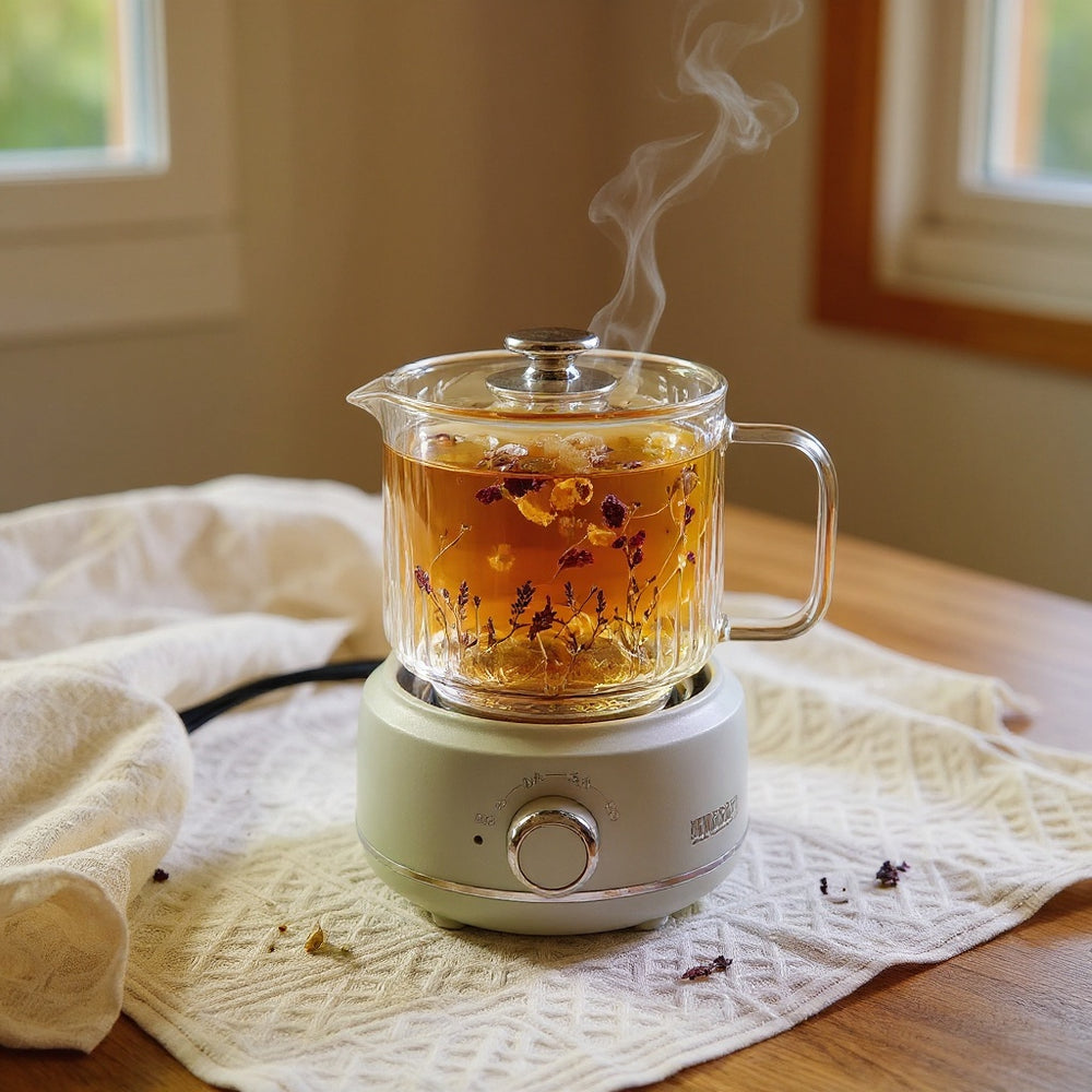 Heat-resistant floral glass tea cup with golden herbal tea on a warming base, loose botanicals and linen cloth nearby, soft daylight.