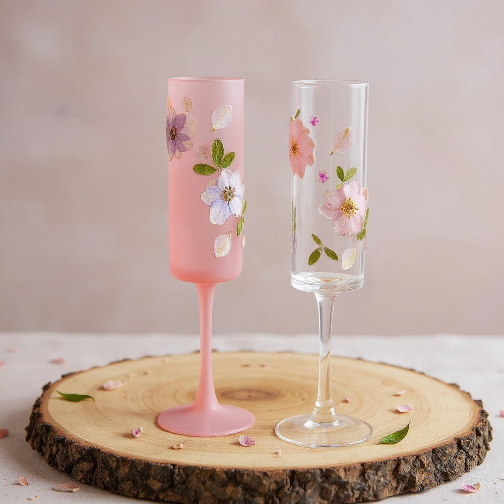 Hero image of a handcrafted frosted pale pink champagne flute adorned with real dried sakura petals on a wooden surface.