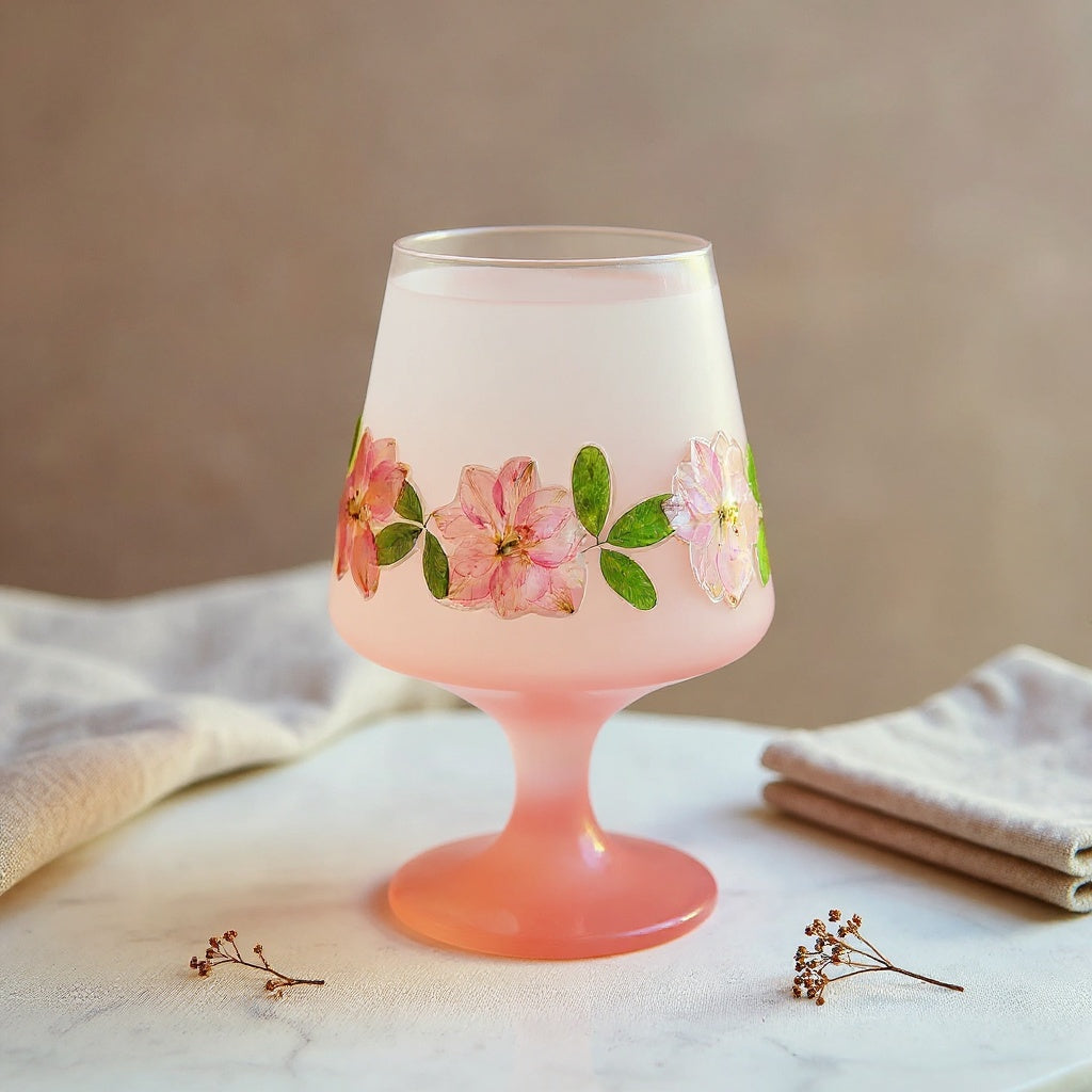 Slender frosted glass stem cup with pink ombre gradient and raised dried flower petals in resin, styled on a marble and linen surface with soft bokeh background.