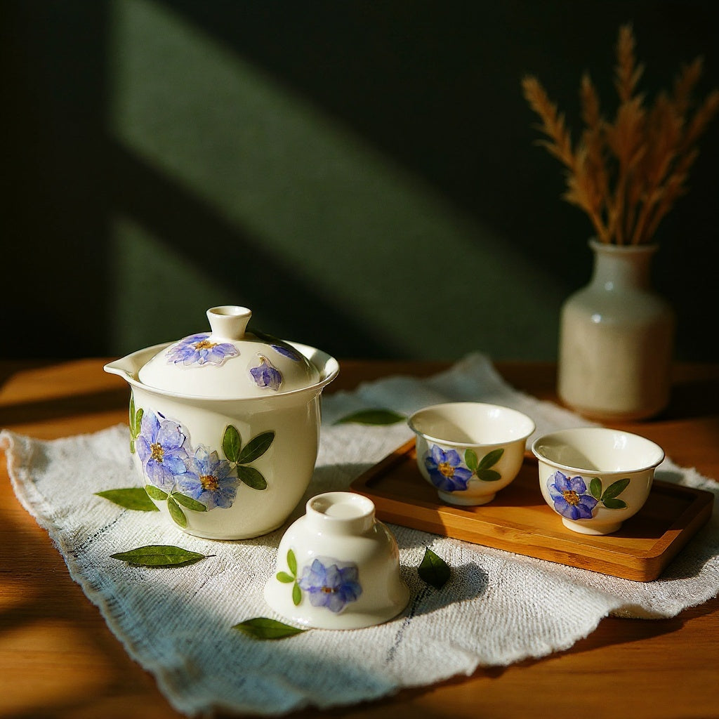 Aesthetic botanical porcelain tea set displayed on a wooden tray with pampas grass and scattered petals against a bold sage green background.