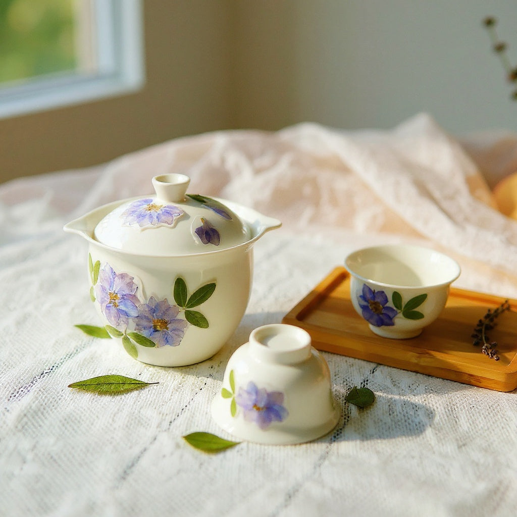 A warm white porcelain gaiwan and teacups with raised floral designs on a linen surface surrounded by soft botanical elements.