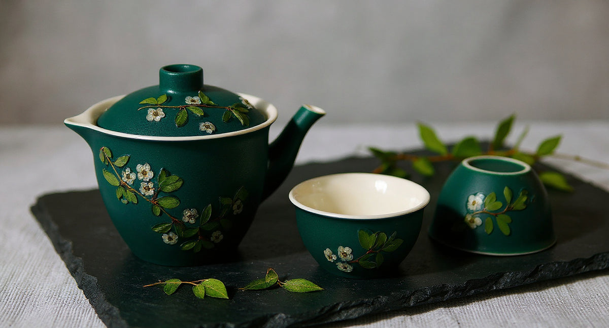 Handmade Black Ceramic Tea Set with preserved flowers on dark slate, tea leaves and rose buds.