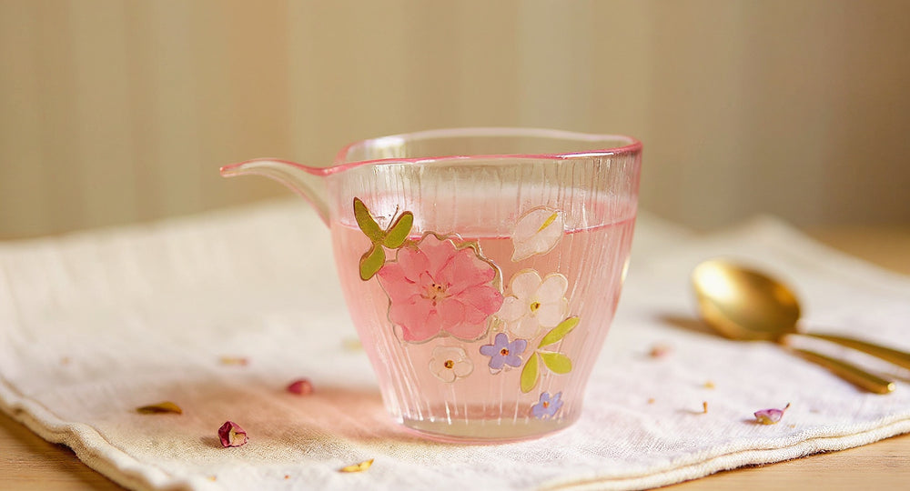 Handmade Gradient Pink Butterfly Glass Cup with preserved flowers on linen and wood tray