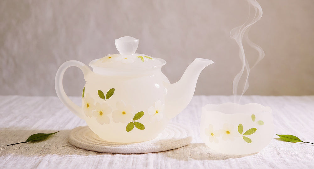 Handmade Lotus Frosted Glass Teapot Cup Set with real cherry blossom on pale linen.