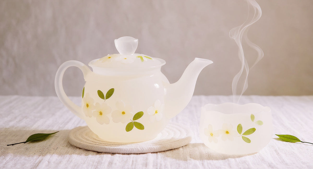 Handmade Lotus Frosted Glass Teapot Cup Set with real cherry blossom on pale linen.