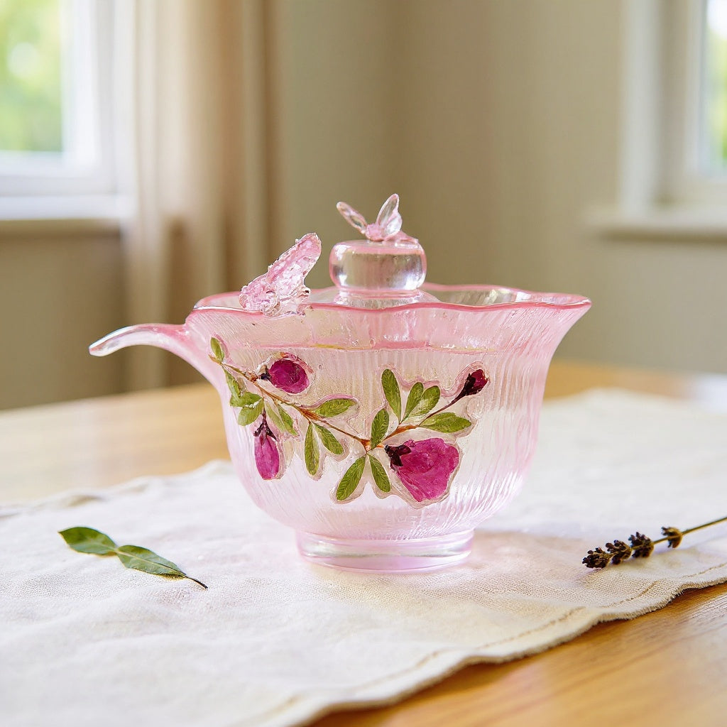 Eco resin flower glass cup with embedded dried flowers on a wooden table in soft morning light, wide composition