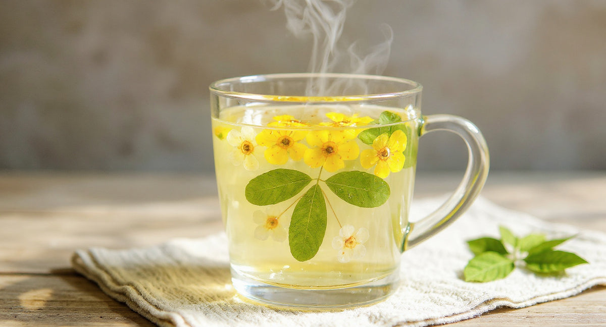 Handmade Preserved Flower Glass Mug on linen runner with dried eucalyptus and soft steam.