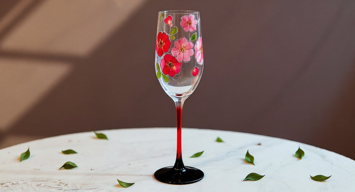 Handcrafted Real Flower Champagne Flute with red stem on marble with pink rose petals