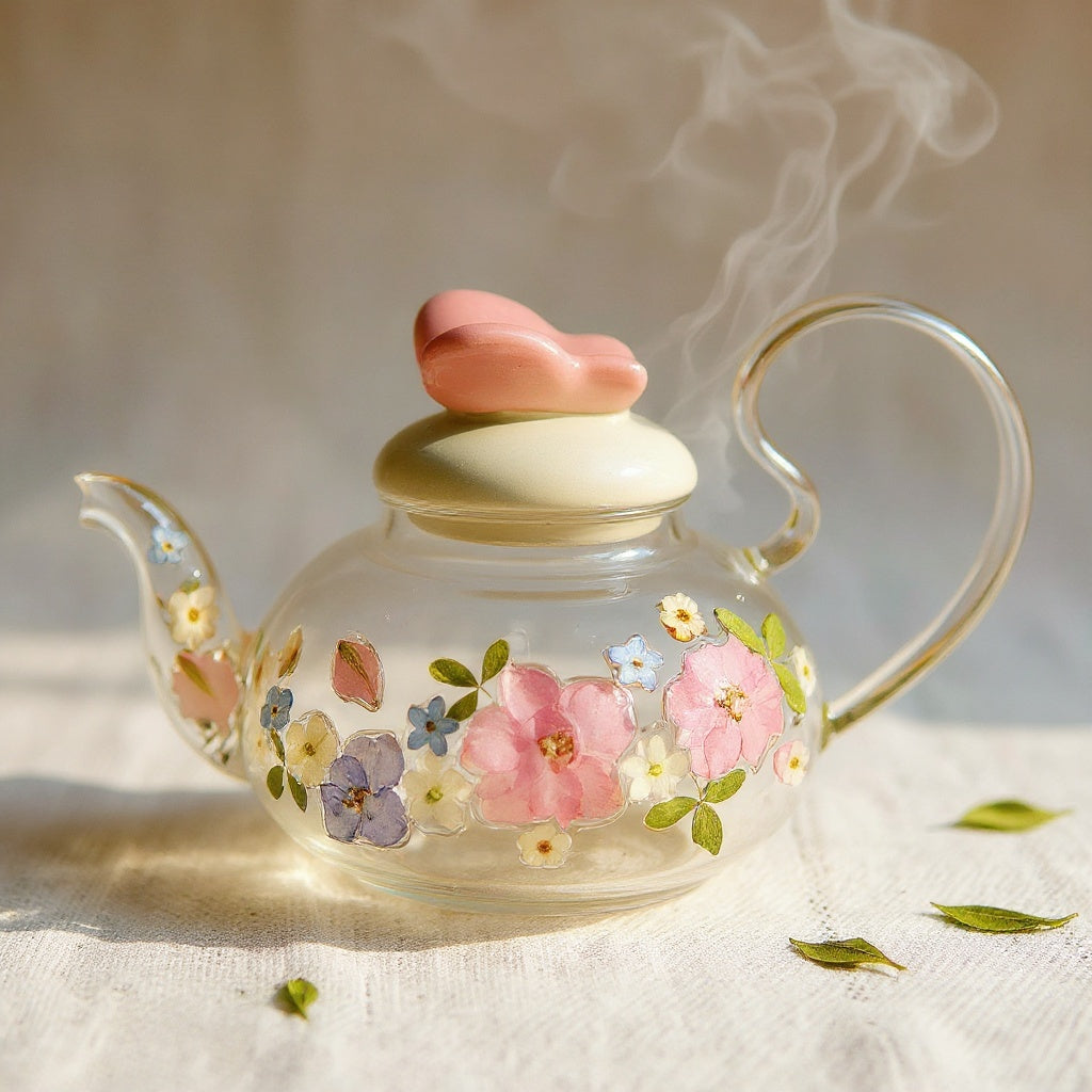 Clear borosilicate glass teapot with embedded dried flower petals on a beige linen background, steam rising, loose botanicals scattered around.