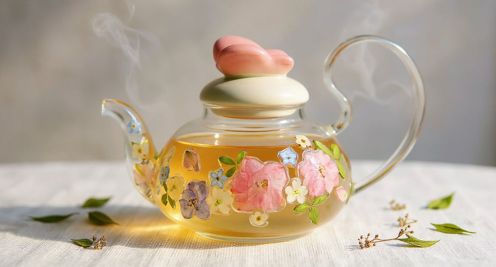 Handmade Pressed Flower Glass Teapot 400ml with real botanicals on linen tray