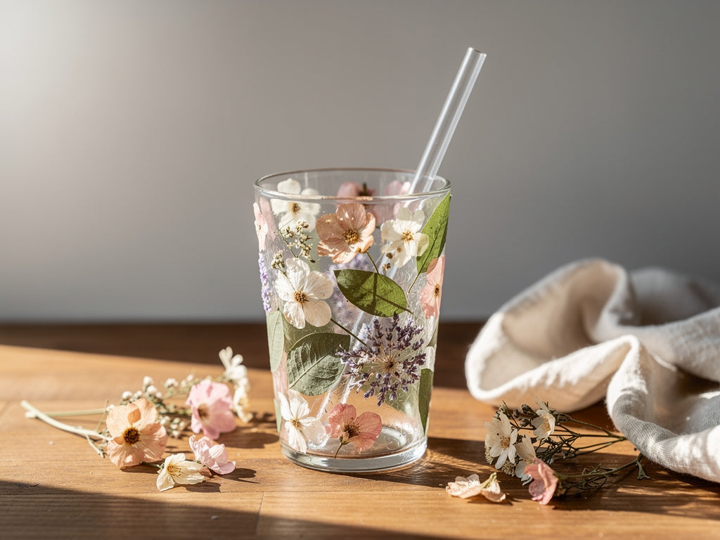 Boho aesthetic glass tumbler with botanical design on a wooden surface surrounded by dried flowers, soft morning light