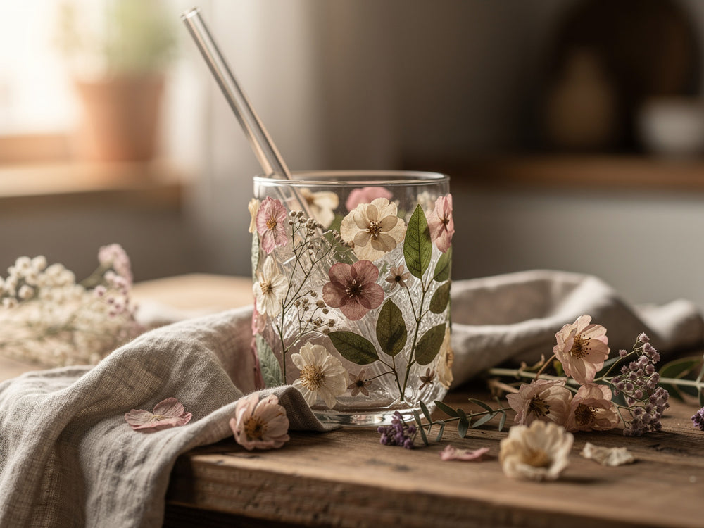 Handmade borosilicate glass tumbler with dried flowers on a wooden table surrounded by loose botanicals and soft morning light.