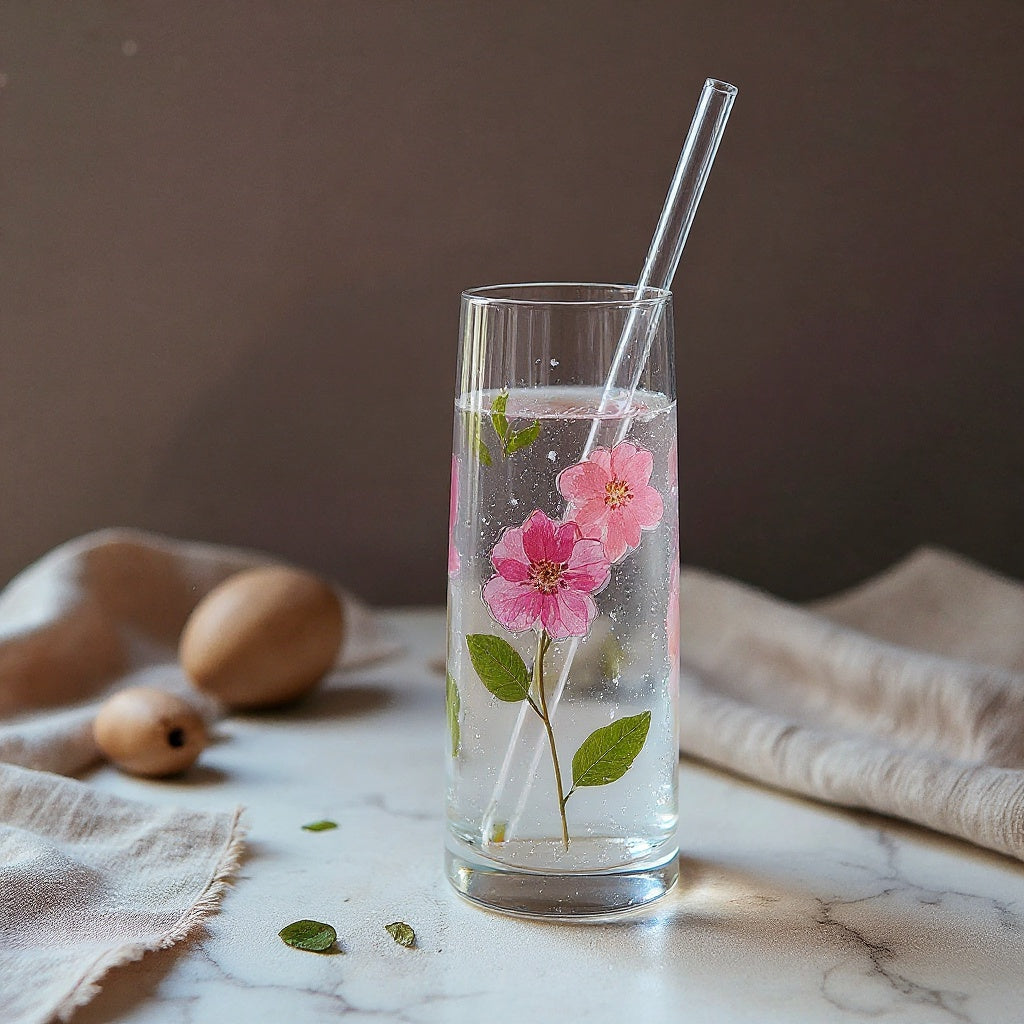 Transparent borosilicate glass tumbler with raised floral relief and a clear straw, placed on a linen surface with soft natural light.