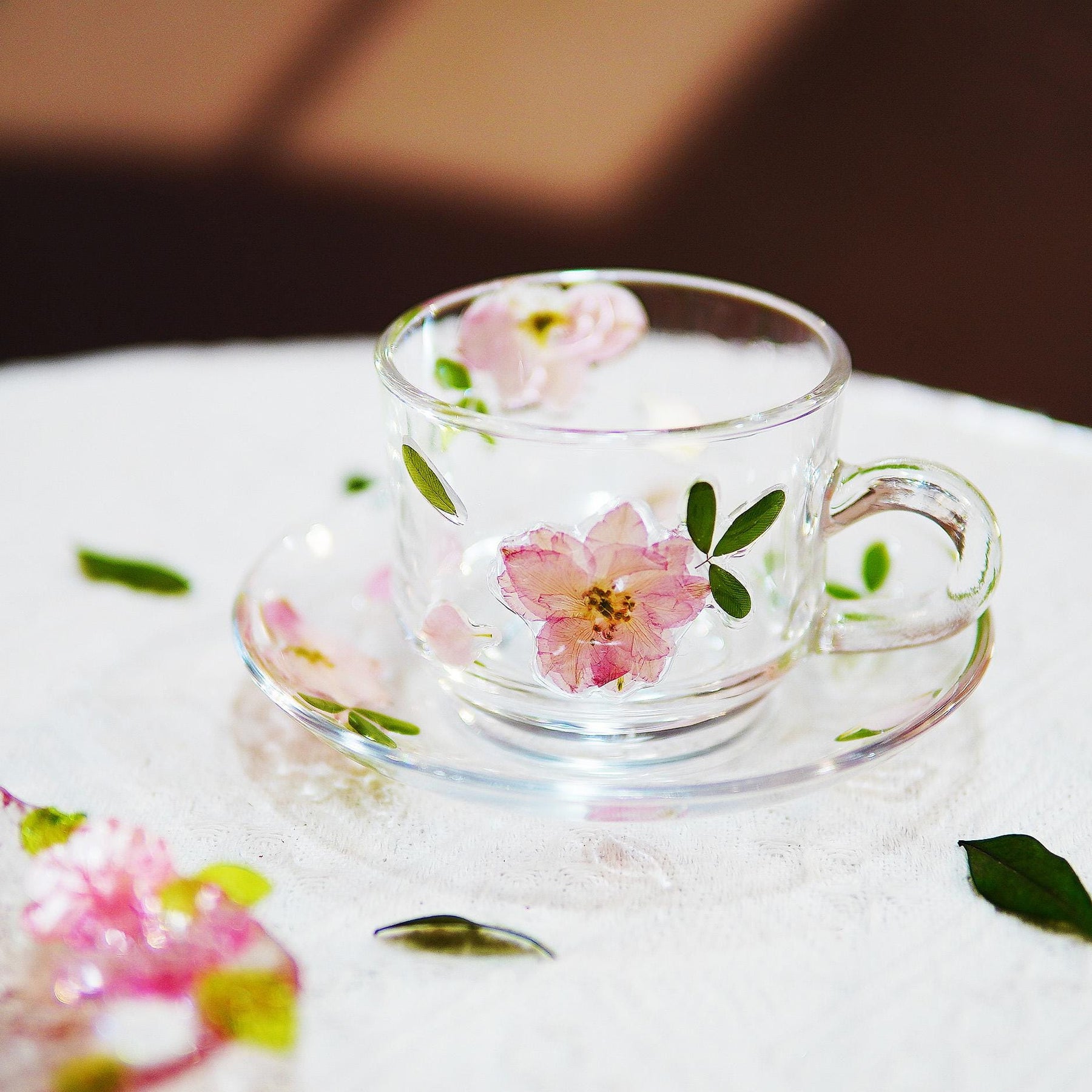 Handcrafted Real Flower Glass Coffee Cup & Saucer