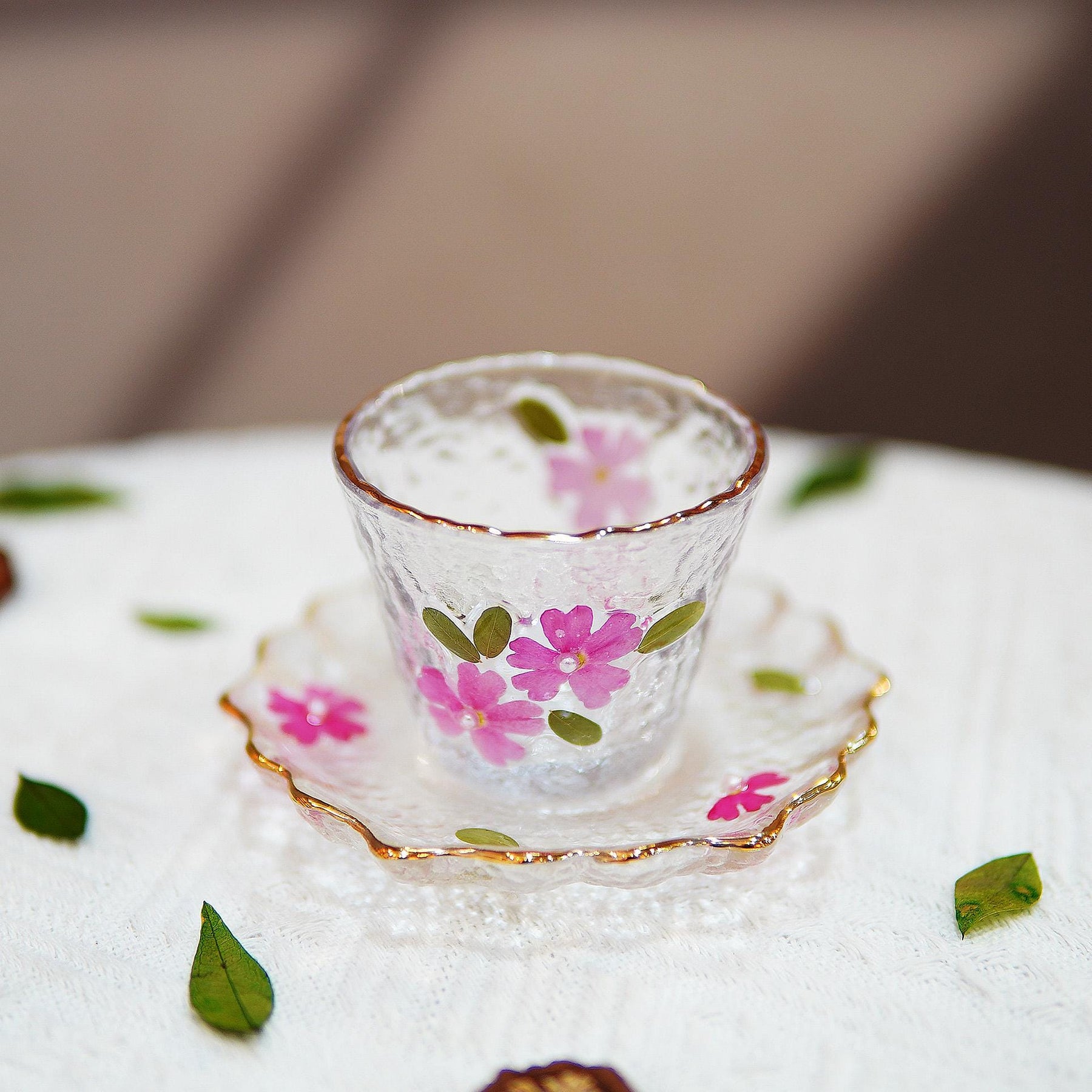 Handcrafted Floral Resin Tea Cup Saucer Set — Gold Rim Glass Gaiwan