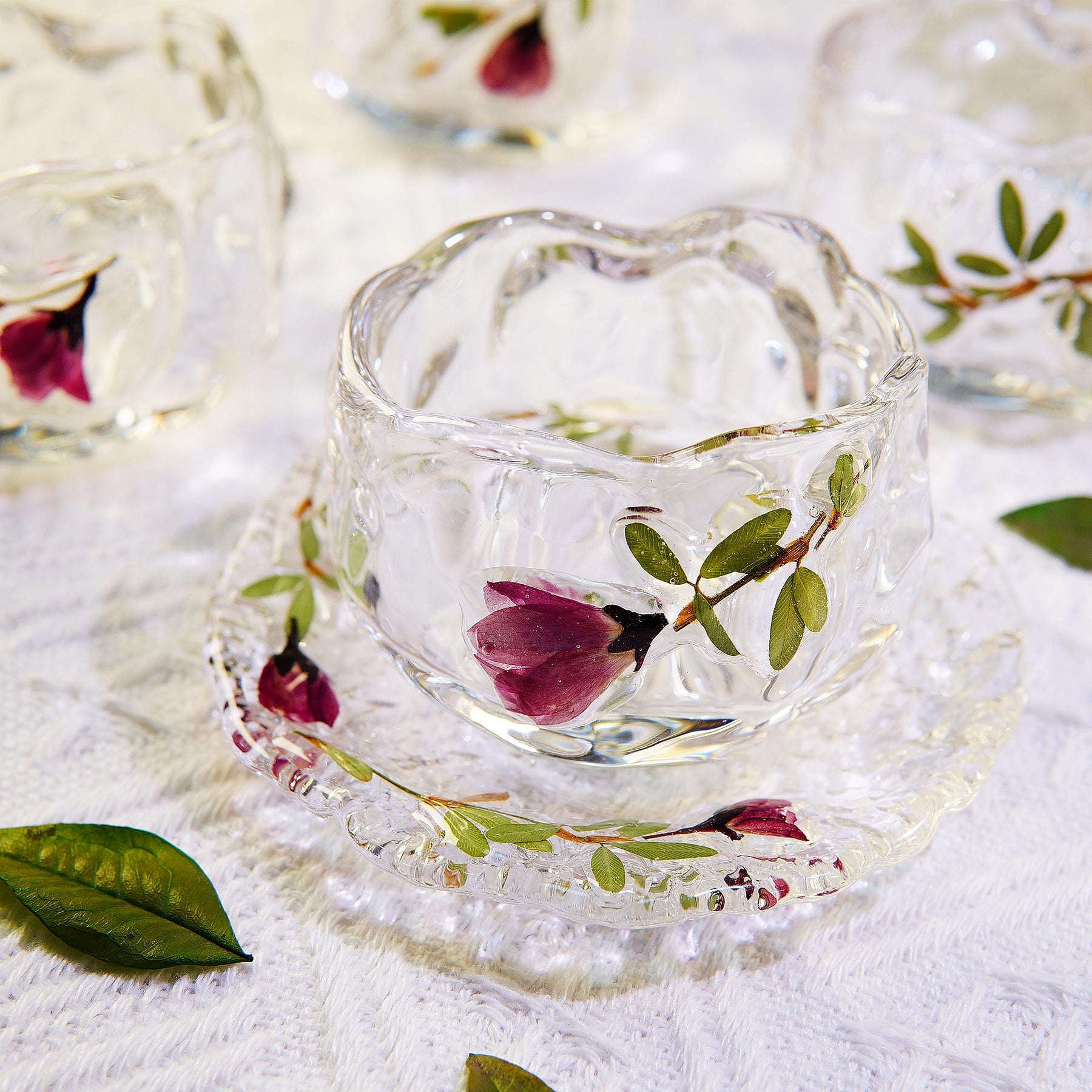 Handcrafted Glass Teacup Saucer Set — Real Preserved Roses
