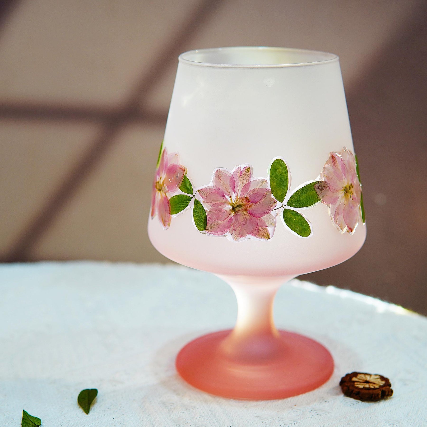 Handcrafted Pink Ombre Stem Glass with Preserved Flowers