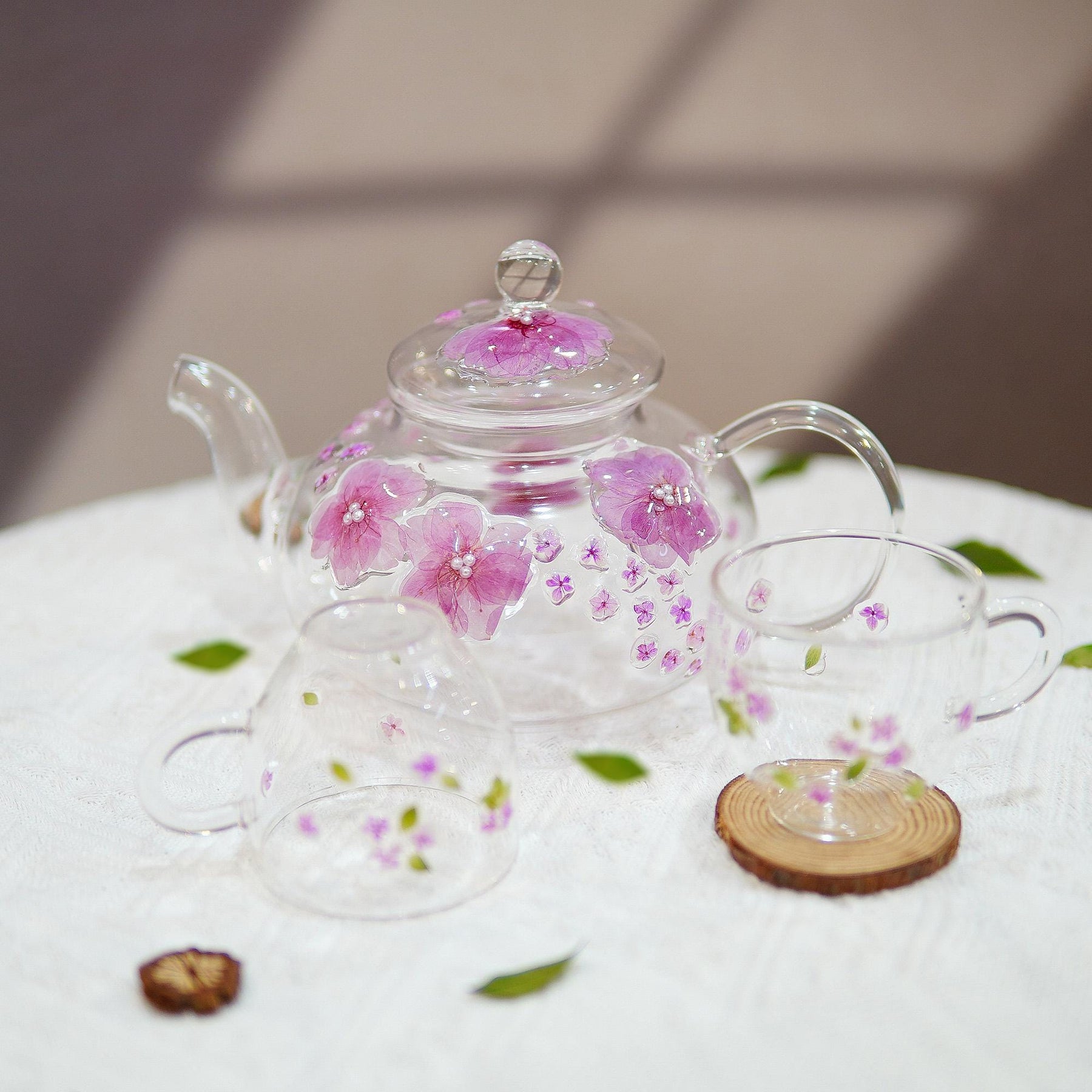 Handcrafted Pressed Flower Glass Teapot and Cup Set — Botanical Tea Gift