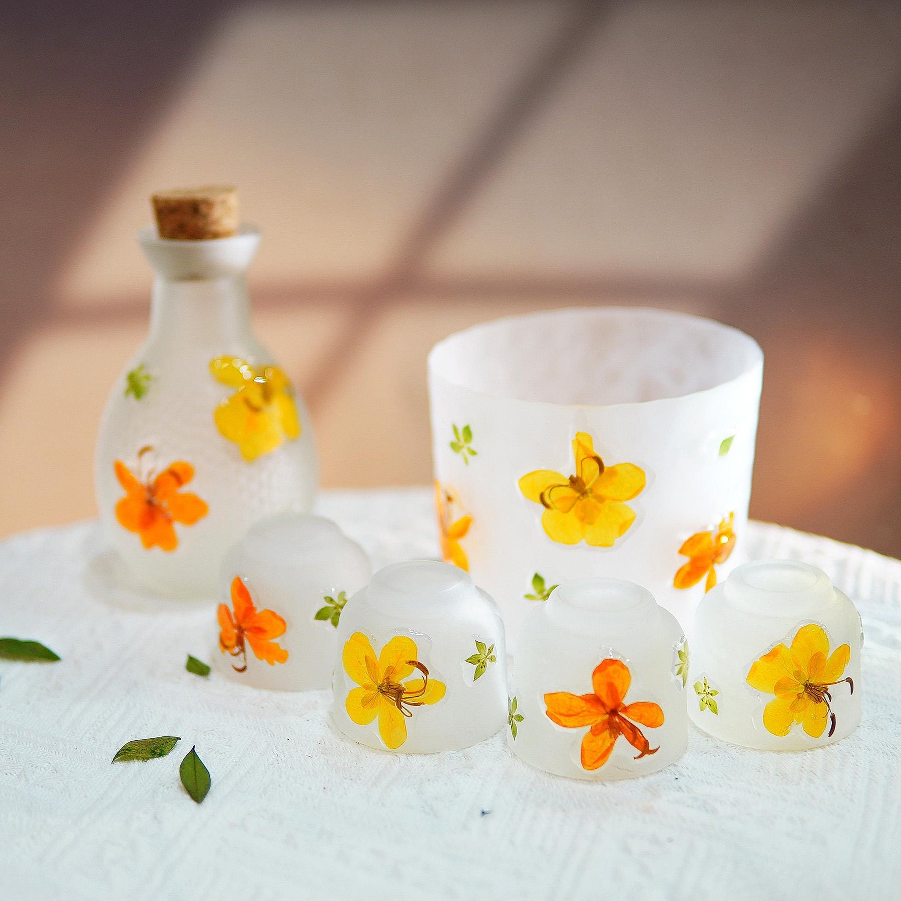 Handcrafted Pressed Flower Sake Set, Botanical Glass Carafe & Cups