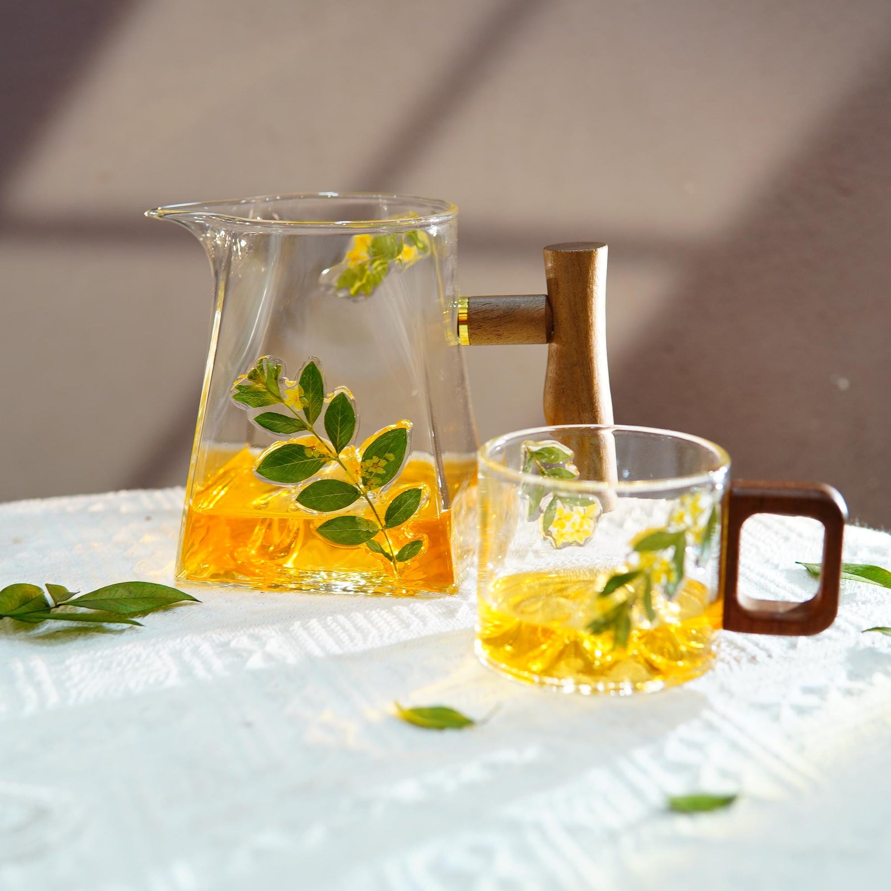 Handcrafted Glass Mug with Walnut Handle and Real Pressed Flowers